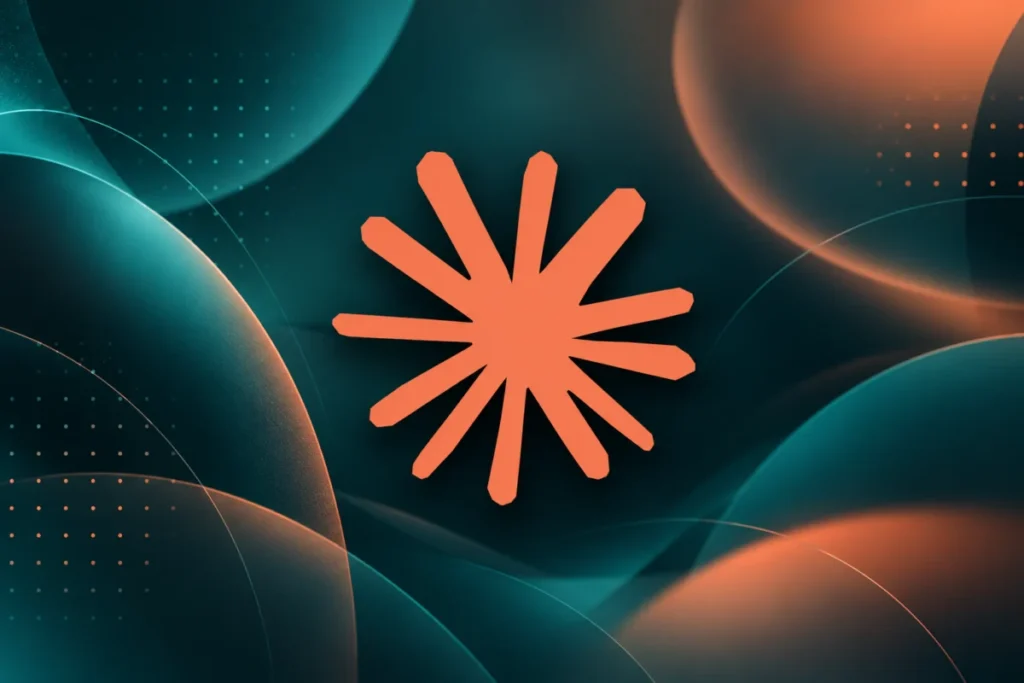 Ilustración abstracta en tonos verde azulado y naranja con un símbolo de estrella, sobre la caída de Claude