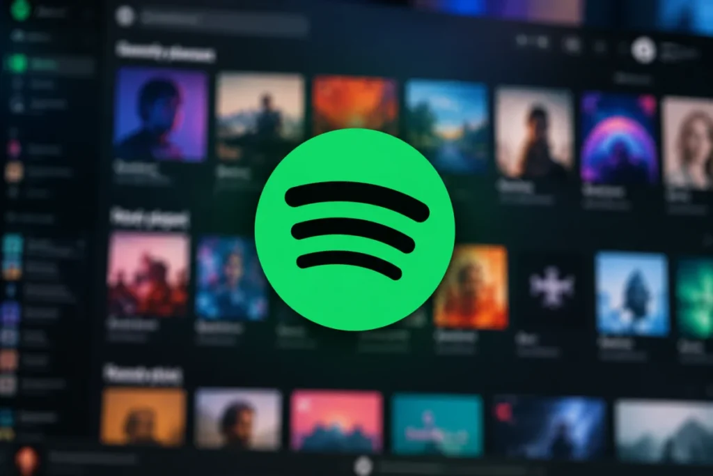 Logo de Spotify sobre la interfaz borrosa de la aplicación de música, ilustración de la caída del servicio