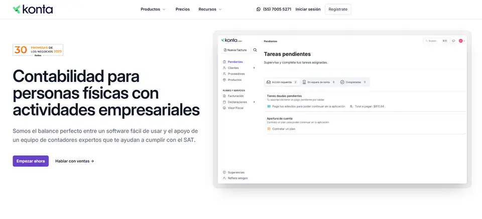 Pantalla de inicio de Konta: contabilidad para personas físicas con actividades empresariales y panel de tareas pendientes